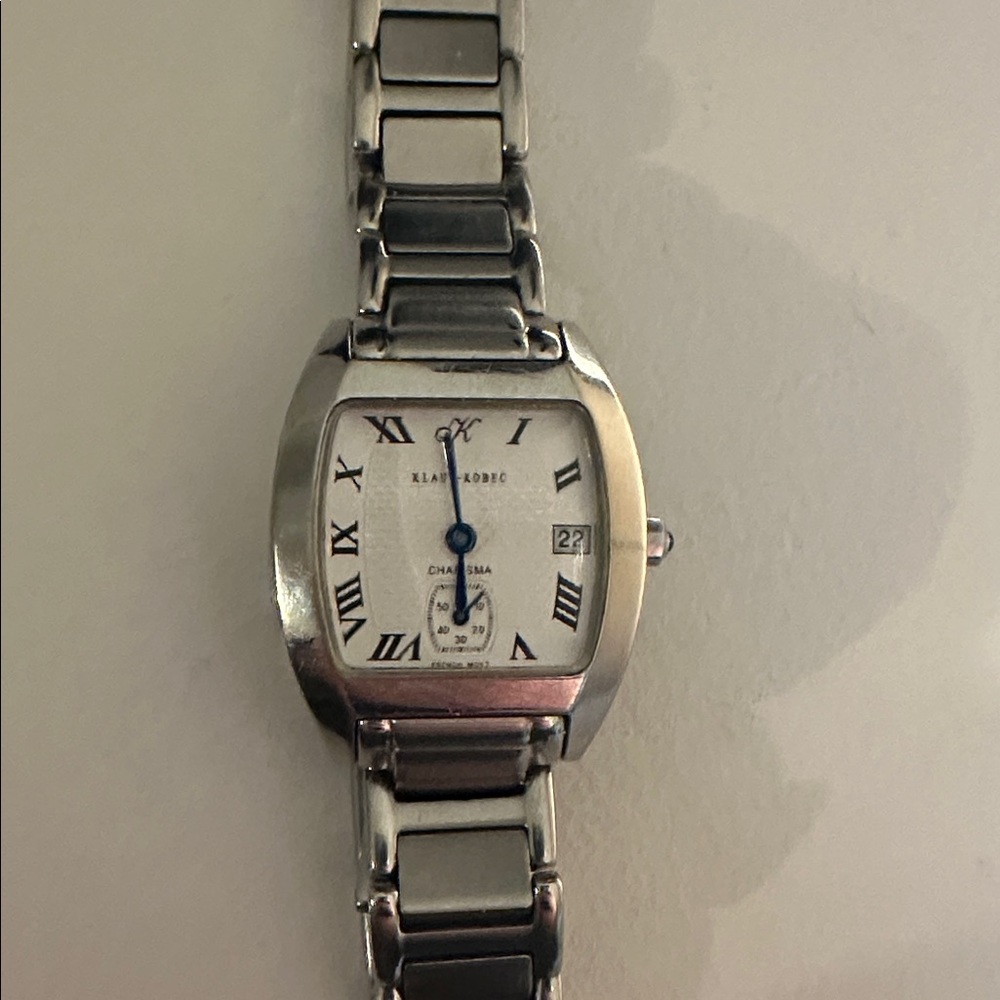 Klaus Kobec Vintage Silver Roman Numeral Date Watch Bracelet Band Quartz Watch